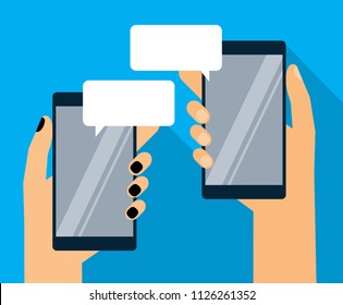 Hands holding smartphone with speech bubble. Using smart phone for text messaging. Mobile phone chat message notifications. Eps 10 vector flat design concept.