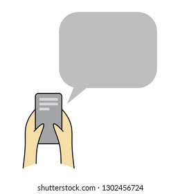 Hands holding a smartphone with speech bubble
