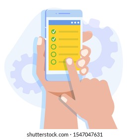 Hands holding smartphone with survey app. Online testing, E-learning, education concept, studying the application form. Vector illustration.