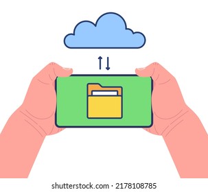 Hands holding smartphone with swapping files before cloud and server on screen. Cloud storage. Vector illustration. 