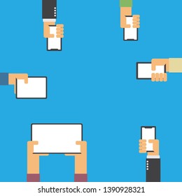 Hands holding smartphone and tablet flat design with copy space