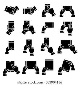 Hands holding smartphone tablet and mobile icons vector.