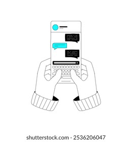 Hands Holding Smartphone With Text Messages In Flat Vector Illustration Symbolizing Mobile Communication And Instant Messaging, Isolated On White Background.