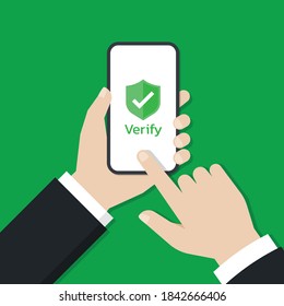 Hands holding a Smartphone and touch on the screen with shield icon that show on the screen, Concept of Verify online service, Vector, Illustration.