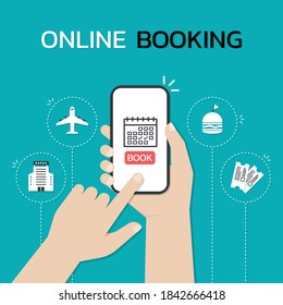 Hands holding a smartphone and touch on the screen while use Online booking mobile application, The concept of booking hotels, flights, movie tickets, restaurants.