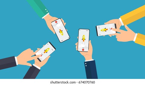 Hands holding smartphone with touch screen. Man hand touching screen on modern digital smartphone. -stock vector