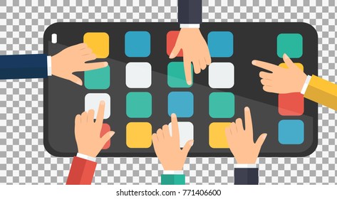 Hands holding smartphone with touch screen on transparent background. Man hand touching screen on modern digital smartphone. -stock vector
