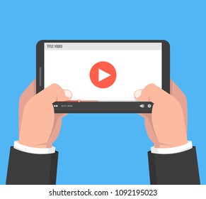Hands holding smartphone and touching screen. Video player on screen. Vector illustration.