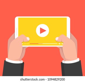 Hands holding smartphone and touching screen. Video player on screen. Vector illustration.