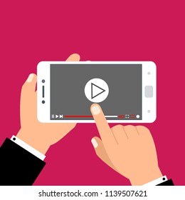 Hands holding smartphone and touching screen. Video player on screen. Vector illustration.