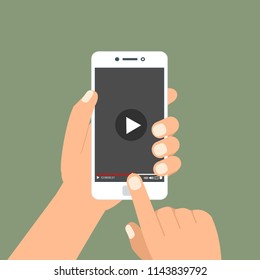 Hands holding smartphone and touching screen. Video player on screen. Vector illustration.