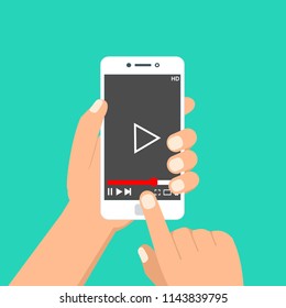 Hands holding smartphone and touching screen. Video player on screen. Vector illustration.