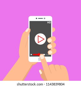 Hands holding smartphone and touching screen. Video player on screen. Vector illustration.