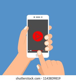 Hands holding smartphone and touching screen. Video player on screen. Vector illustration.