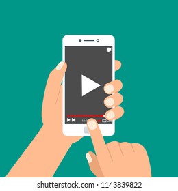 Hands holding smartphone and touching screen. Video player on screen. Vector illustration.