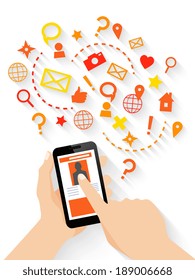 Hands holding smartphone and touching screen using mobile app concept vector illustration