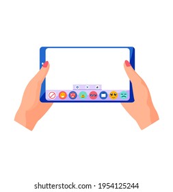 Hands holding smartphone and touching screen. Phone with blank screen and app with buttons