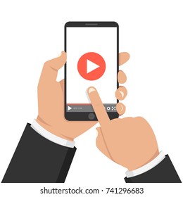 Hands holding smartphone and touching screen. Video player on screen. Vector illustration.