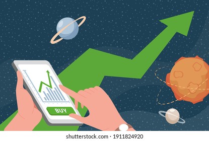 Hands holding smartphone with trading application vector flat illustration. Space background with planets and stars, and green arrow going up. Financial success and internet trading concept.