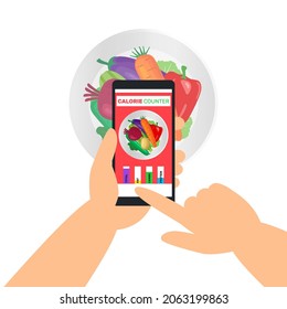 hands holding smartphone  using calorie counter application food control.fresh vegetabples on plate vector illustration