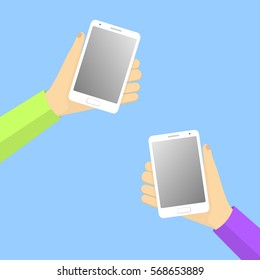 Hands holding smartphone. Vector.