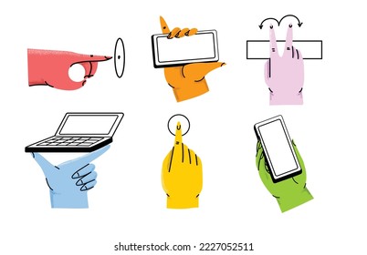 Hands holding smartphone. Vector icon of people hold smartphone or using touch gestures for mobile phone while reading. Press and point, pich and unpinch, rotate and swipe symbol. Digital device