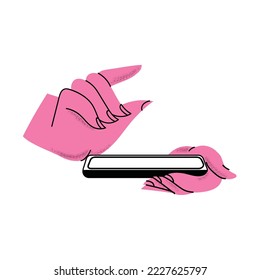 Manos con smartphone. Icono vector de la gente sostiene smartphone o usa gestos táctiles para teléfono móvil mientras lee. Pulse y apunte, pich y despinche, gire y gire el símbolo.
