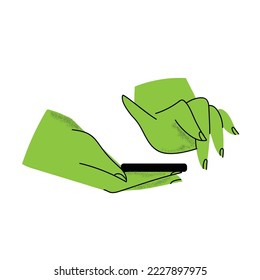 Hands holding smartphone. Vector icon of people hold smartphone or using touch gestures for mobile phone while reading. Press and point, pich and unpinch, rotate and swipe symbol.