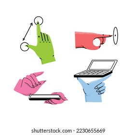 Hands holding smartphone. Vector icon of people hold smartphone or using touch gestures for mobile phone while reading. Press and point, pich and unpinch, rotate and swipe symbol.