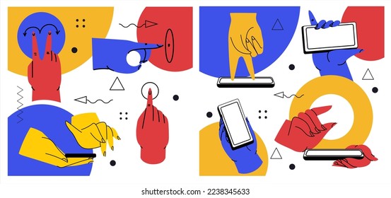 Hands holding smartphone. Vector icon of people hold smartphone or using touch gestures for mobile phone while reading. Press and point, pich and unpinch, rotate and swipe symbol.
