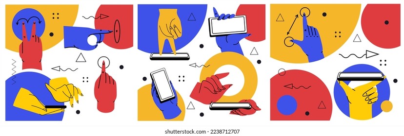 Hands holding smartphone. Vector icon of people hold smartphone or using touch gestures for mobile phone while reading. Press and point, pich and unpinch, rotate and swipe symbol.