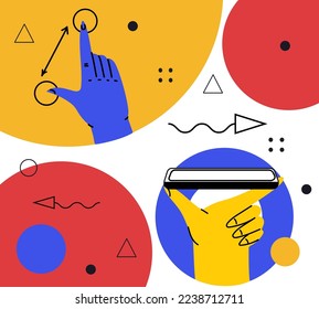 Hands holding smartphone. Vector icon of people hold smartphone or using touch gestures for mobile phone while reading. Press and point, pich and unpinch, rotate and swipe symbol.