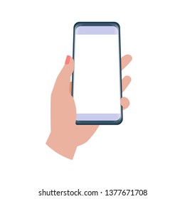 Hands holding smartphone vector illustration. Female hands holding mobile phone - mockup