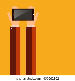 Hands holding a smartphone. Vector illustration. 