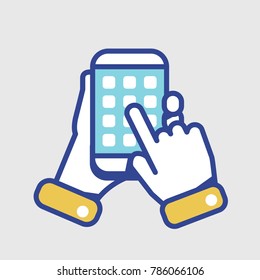 Hands holding a smartphone vector illustration. Flat linear icon of two hands holding a mobile phone, pressing the screen with a finger tap, choosing an app