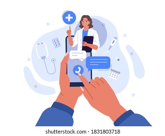 Hands Holding Smartphone with Video Call on Screen. Patient having Online Conversation with Doctor. Modern Health Care Services and Online Telemedicine Concept. Flat Cartoon Vector Illustration. \n