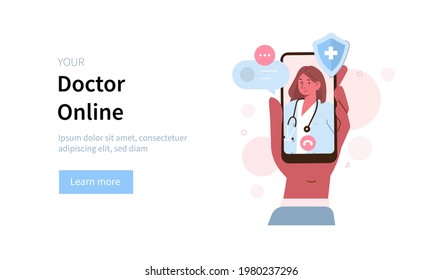 Hands holding smartphone with video call on screen. Patient having online conversation with doctor. Modern health care services and online telemedicine concept. Flat cartoon vector illustration.