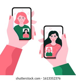 Hands holding smartphone with video chatting girls on smartphone screen. Chatting concept. Finger touch screen. Vector flat cartoon illustration