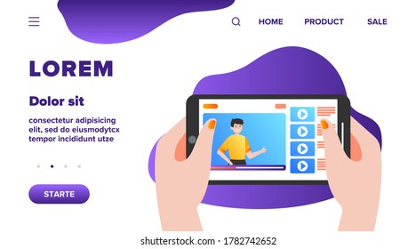 Hands holding smartphone with video online. Phone, tablet, movie flat vector illustration. Entertainment and digital technology concept for banner, website design or landing web page
