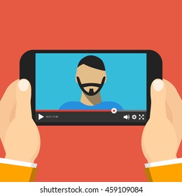 Hands holding smartphone with video online webinar on the screen. Vector flat illustration.