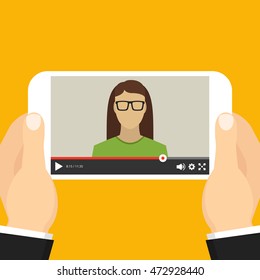 Hands holding smartphone with video online webinar on the screen. Vector flat illustration.