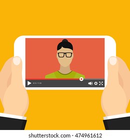 Hands holding smartphone with video online webinar on the screen. Vector flat illustration.