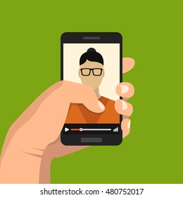 Hands holding smartphone with video online webinar on the screen. Vector flat illustration.