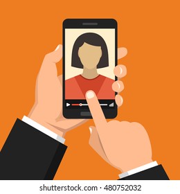 Hands holding smartphone with video online webinar on the screen. Vector flat illustration.