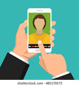 Hands holding smartphone with video online webinar on the screen. Vector flat illustration.