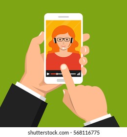 Hands holding smartphone with video online webinar on the screen. Vector flat illustration.