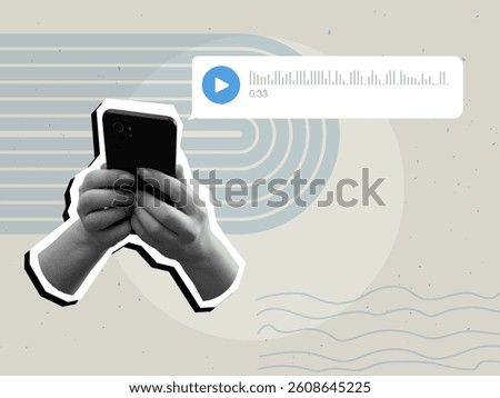Hands holding a smartphone with a voice message. Modern collage style. Vector illustration