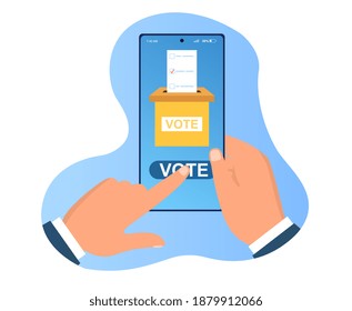 Hands Holding Smartphone With Voting App On Screen. Concept Of Online Voting Application To Vote From Your Phone. Flat Cartoon Vector Illustration