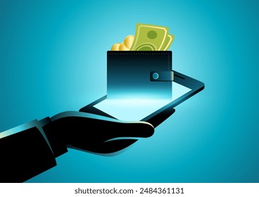 Hands holding a smartphone with a wallet full of coins and money emerging from it. Ideal for mobile banking, digital wallets, and fintech solutions, highlighting modern financial convenience
