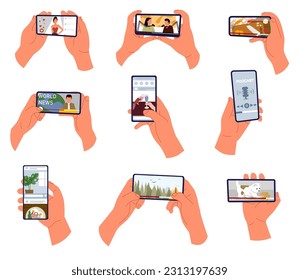 Hands holding a smartphone. Watching videos online on mobile phone screen. Podcast, news, watching video online, talk show, tv application, live streaming. Concept of news